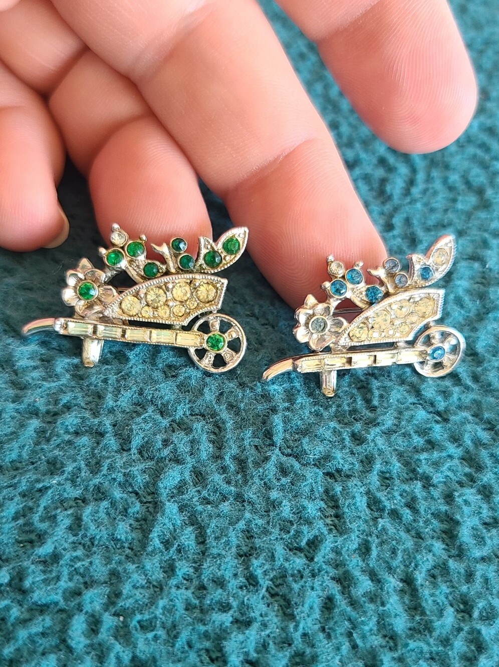 Vintage Crystal Floral Cartwheel Brooch Pair in Green and Blue
